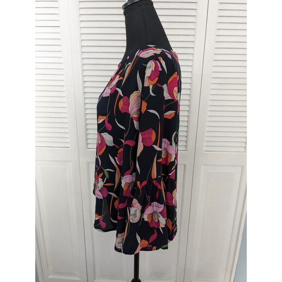 W5 Blouse Women’s Sz L Flowy Lightweight Artsy 3/4 Bell Sleeve Navy Pink Floral - Picture 6 of 13
